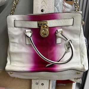 Michael Kors White and Pink Leather Tote Bag
